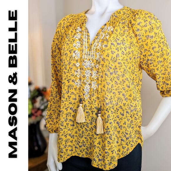 Mason & Belle Peasant Top Embroidered Yellow Floral Boho Flowy Size Small - Picture 1 of 12
